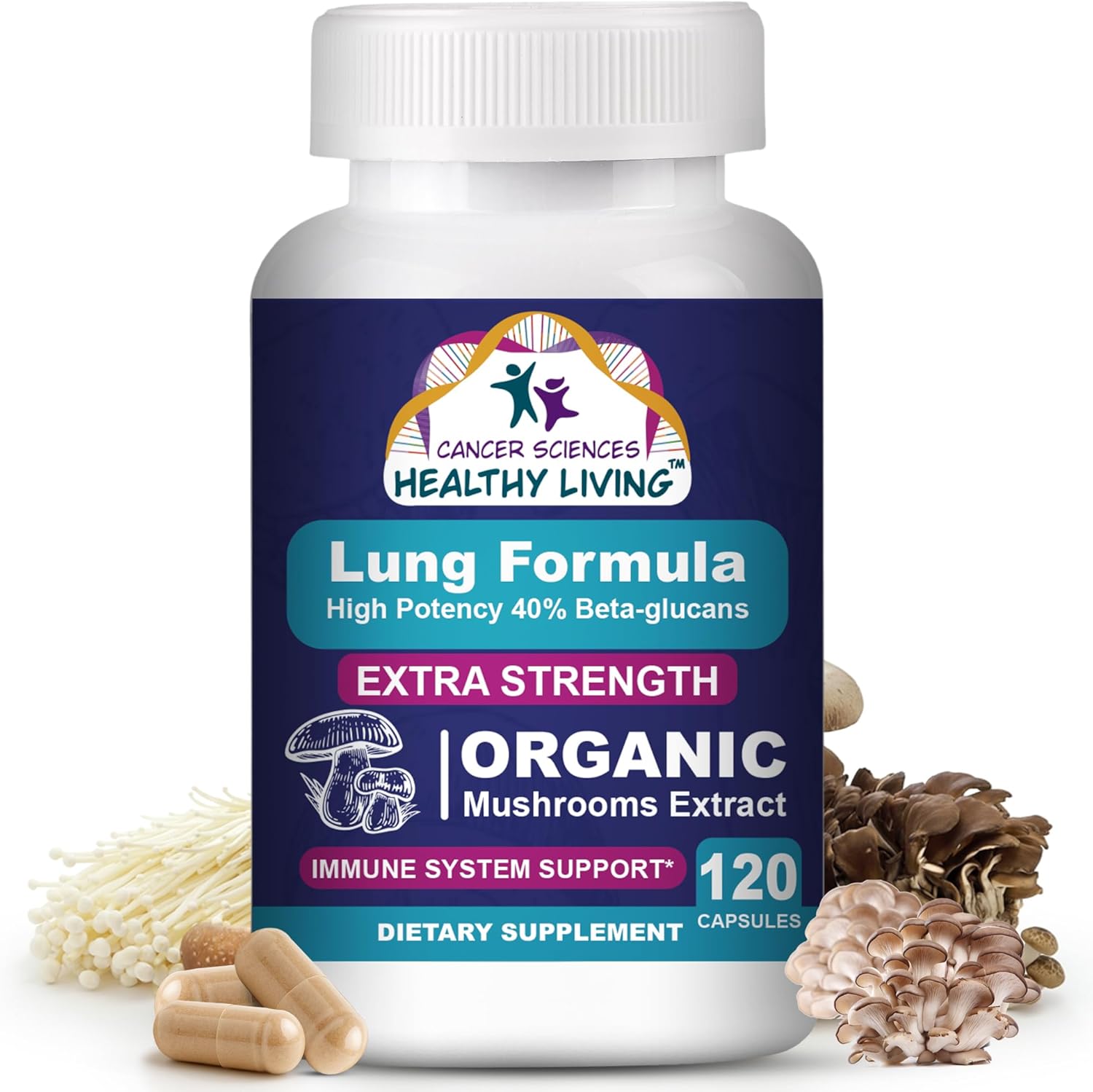 CANCER SCIENCES Lung Health & Wellness Supplement, USDA Certified Organic Mushrooms Extract, 1,500 mg Extra Strength, High Potency 40% Beta-Glucans, Immune Support, Healthy Lungs Booster, 120 Capsules