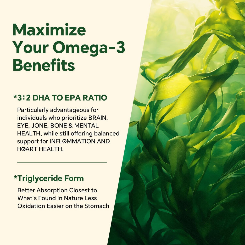 Vegan Omega 3 Gummies 1200mg - Dual Layer - Fish Oil Alternative, Marine Algae Omega 3 Supplement DHA 600mg, EPA 400mg with Astaxanthin,Sugar Free,60 Cts