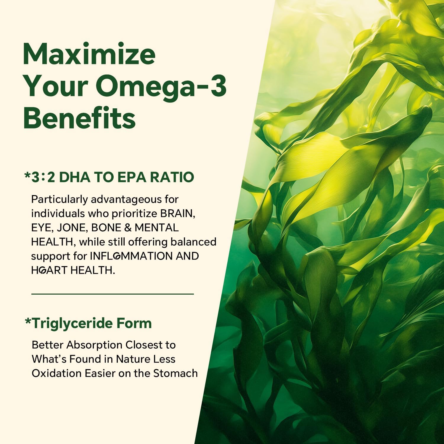 Vegan Omega 3 Gummies 1200mg - Dual Layer - Fish Oil Alternative, Marine Algae Omega 3 Supplement DHA 600mg, EPA 400mg with Astaxanthin,Sugar Free,60 Cts