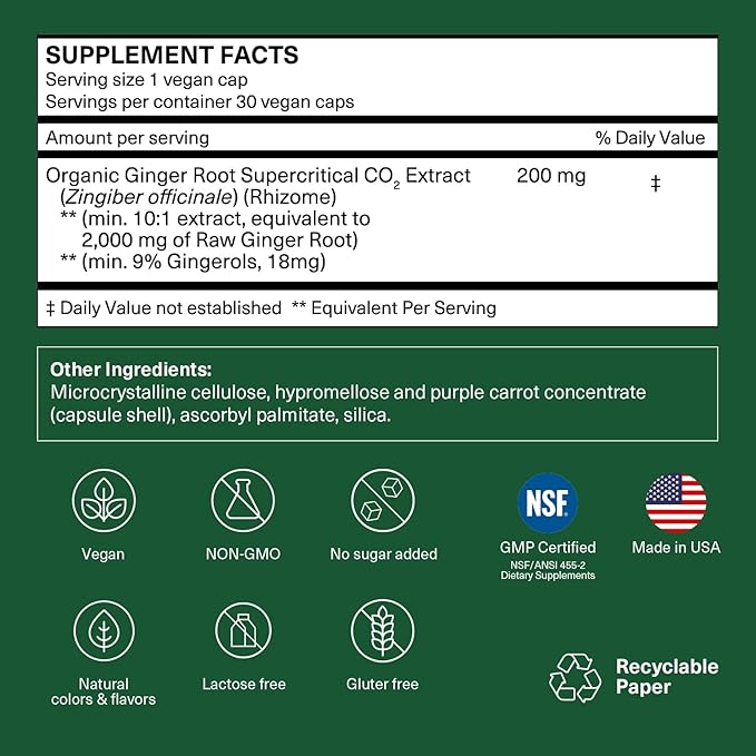 Organic Ginger Supplement | 18 mg Gingerols | 2,000 mg Raw Ginger Root Powder Eq. | 10:1 Extract | Supports Stomach Comfort* & Motion-Related Nausea* | Travel Essentials | 30 Veg Capsules