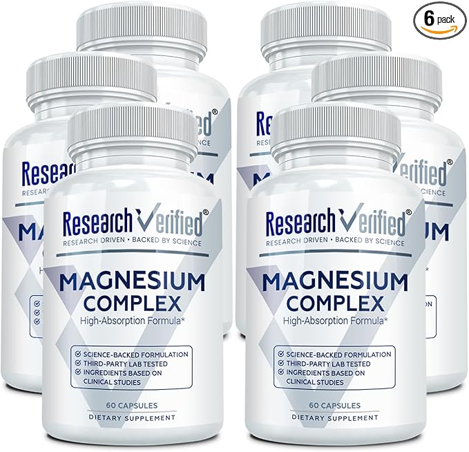 Research Verified Magnesium Complex - Brain, Muscle and Nerve Support - Magnesium Bisglycinate, Malate, Citrate, and Oxide - Bioperine - Vegan - 60 Capsules - Pack of 6