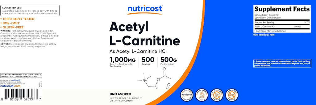 Nutricost Acetyl L-Carnitine (ALCAR) 500 Grams - 1000mg Per Serving - Pure Acetyl L-Carnitine Powder