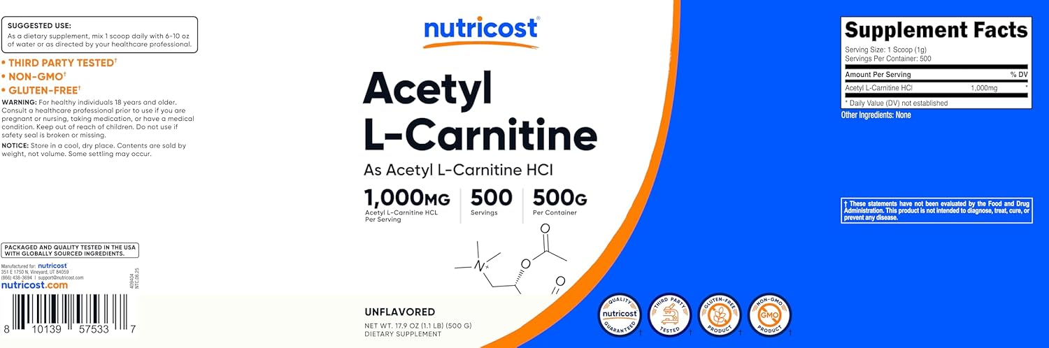 Nutricost Acetyl L-Carnitine (ALCAR) 500 Grams - 1000mg Per Serving - Pure Acetyl L-Carnitine Powder