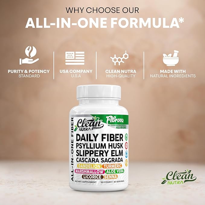 Fiber Supplement Capsules Slippery Elm Psyllium Husk Cascara Sagrada Dandelion Root Turmeric Supplement Aloe Vera Licorice Senna Marshmallow Root Digestive Health Cleanse 90 Pills by Clean Nutra
