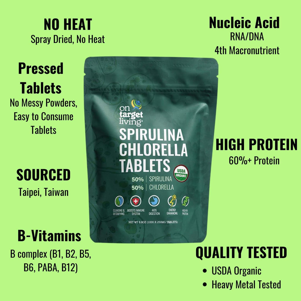On Target Living Organic Spirulina Chlorella | Supergreens | USDA Organic | 1000 Tablets- 250 G (8.8 oz) | Vegan | Immune Support | Alkalyzing | Nutrient Dense | Protein Dense