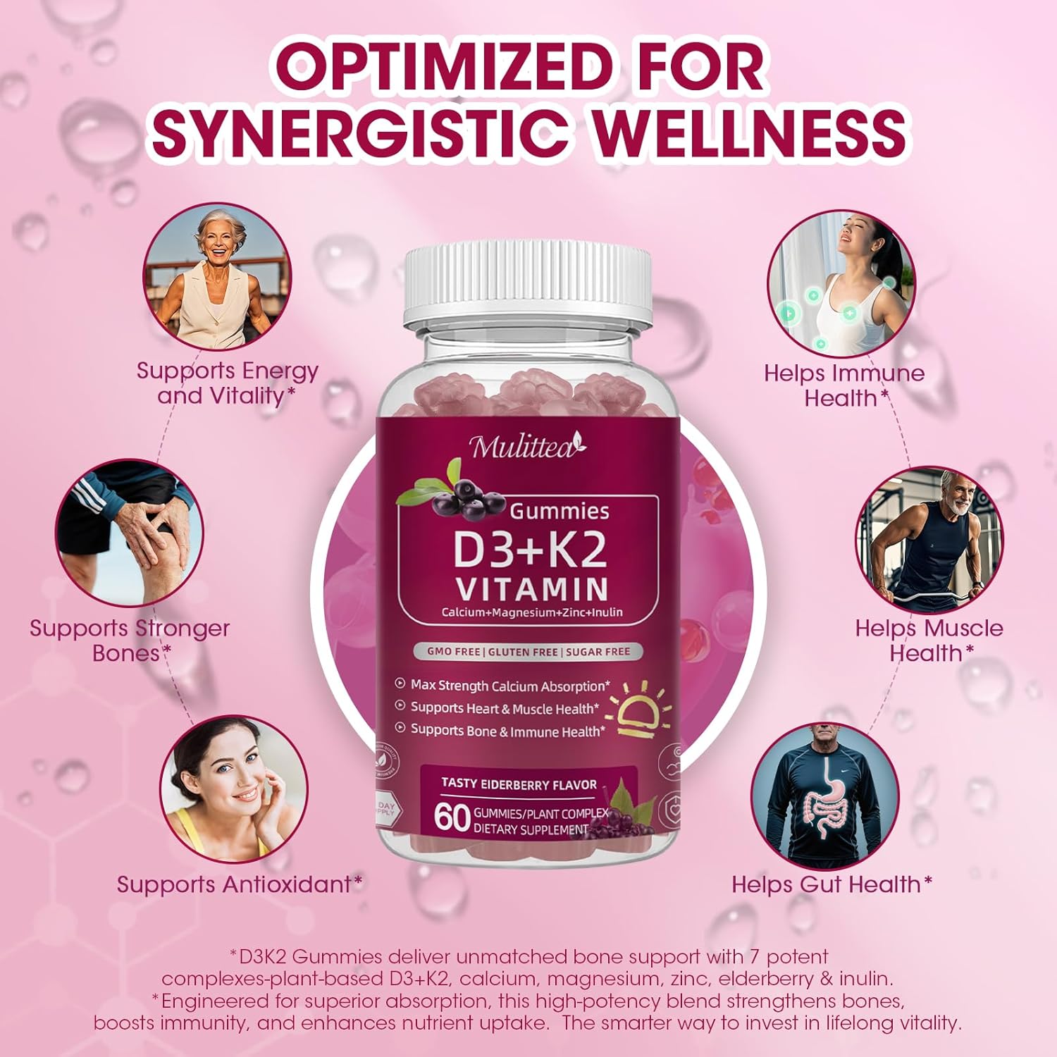 Vitamin D3 10000 IU + K2 (MK-7) 200mcg w/Calcium Magnesium Zinc Elderberry & Inulin-Highly Bioavailable-Enhanced Absorption for Immune & Bone Support- K2 D3 Vitamin Supplement-Vegan Gummies