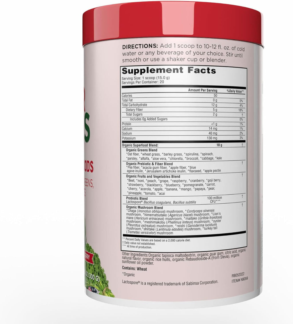 Country Farms Organic Super Greens Berry Flavor, 50 Organic Super Foods, Packed with Fiber, USDA Organic Drink Mix, Fruits, Vegetables, Mushrooms & Probiotics, Supports Energy, 5g Fiber