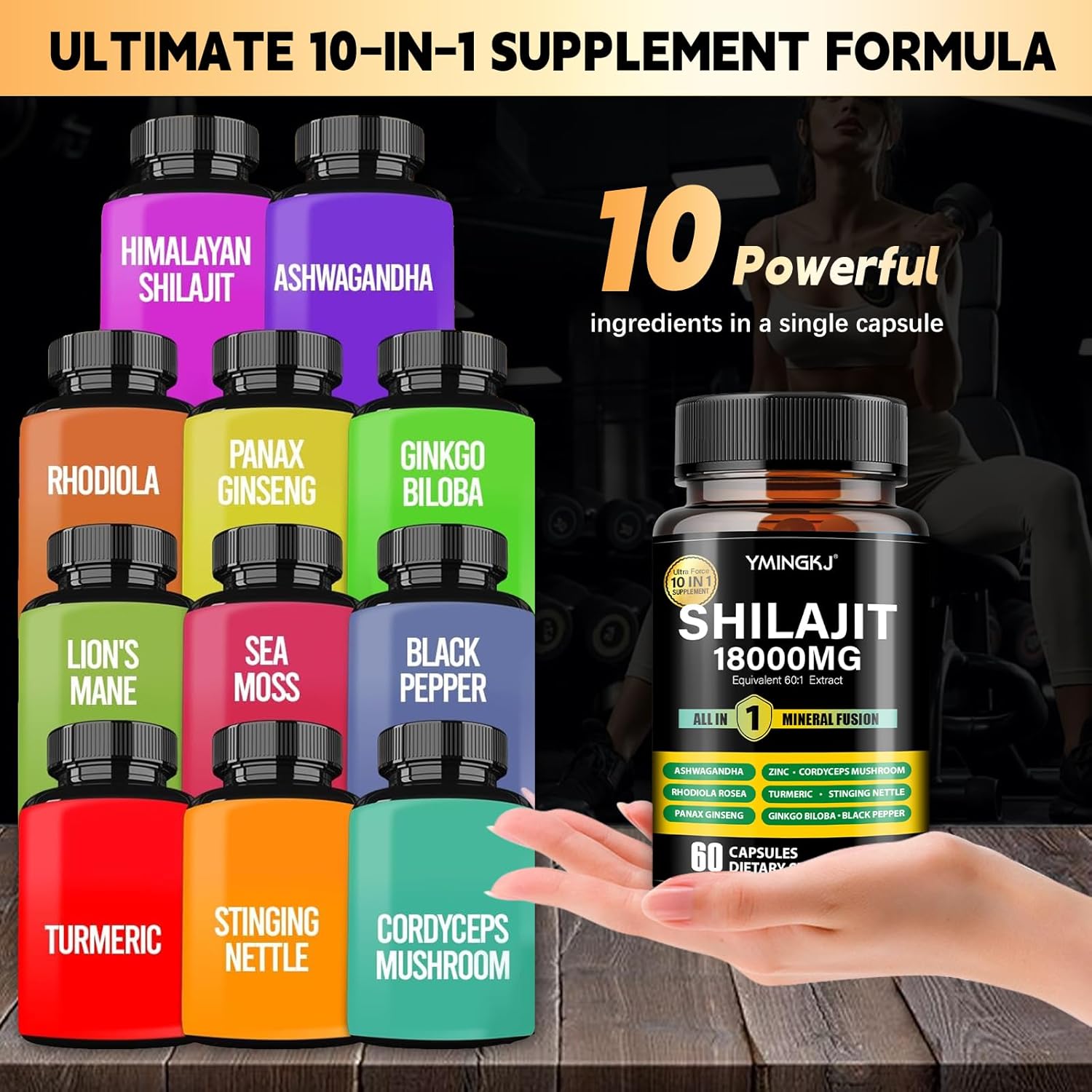Shilajit Capsules 18000mg with Ashwagandha, Rhodiola Rosea, Panax Ginseng, Cordyceps, Turmeric, Ginkgo, Fulvic Acid Trace Minerals Supplement for Men & Women 60 Count Non-GMO Gluten-Free 2pack