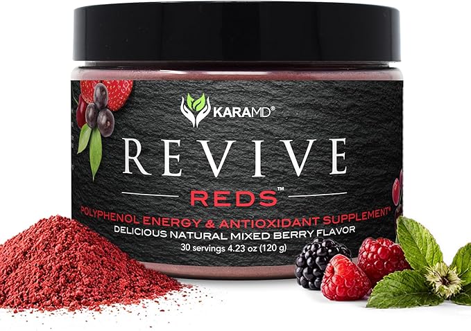 KaraMD Revive Reds | Delicious Energy Boosting Concentrated Polyphenol Blend | Vegan Friendly, Gluten Free & Non-GMO Superfood Powder | Antioxidant Powder Containing Shilajit & Enzymes (30 Servings)