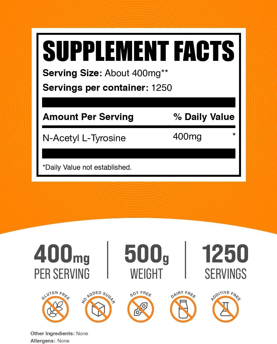 BulkSupplements.com N-Acetyl L-Tyrosine Powder -Tyrosine Supplement, NALT Powder, Amino Acid Supplement - Unflavored & Gluten Free, 400mg per Serving, 500g (1.1 lbs) (Pack of 1)