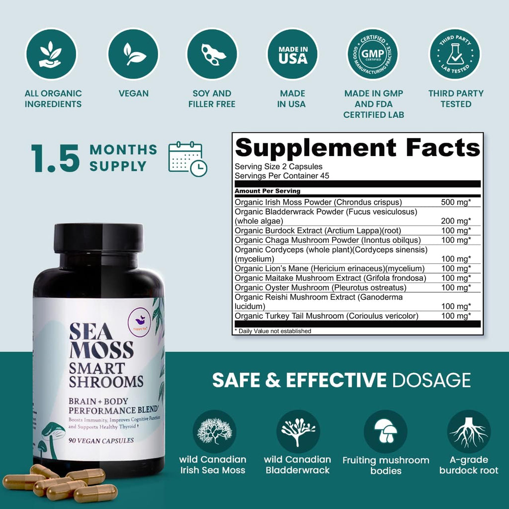 HAPPY FOX Irish Sea Moss Capsules & Mushroom Complex - Organic Seamoss with Adaptogens for Brain Health, 1500mg, 90 Vegan Capsules, Organic Mushroom Supplement