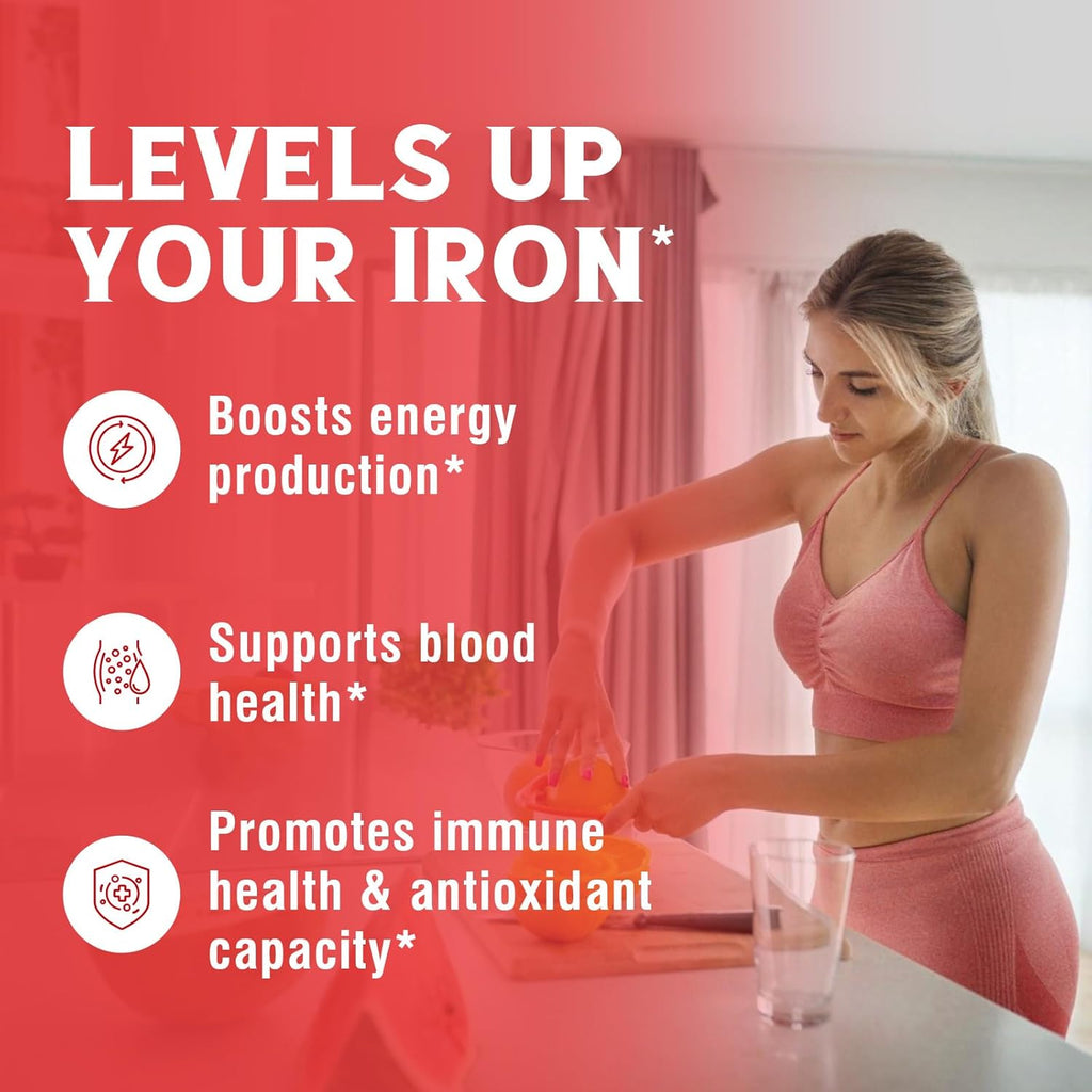 Iron Supplement, 65mg Carbonyl Iron with 250mg Vitamin C, Stomach Friendly Iron Pills for Blood Building Women & Men, High Absorption, No Nausea, No Constipation, Non-GMO, No Gluten, 60 Vegan Tabs