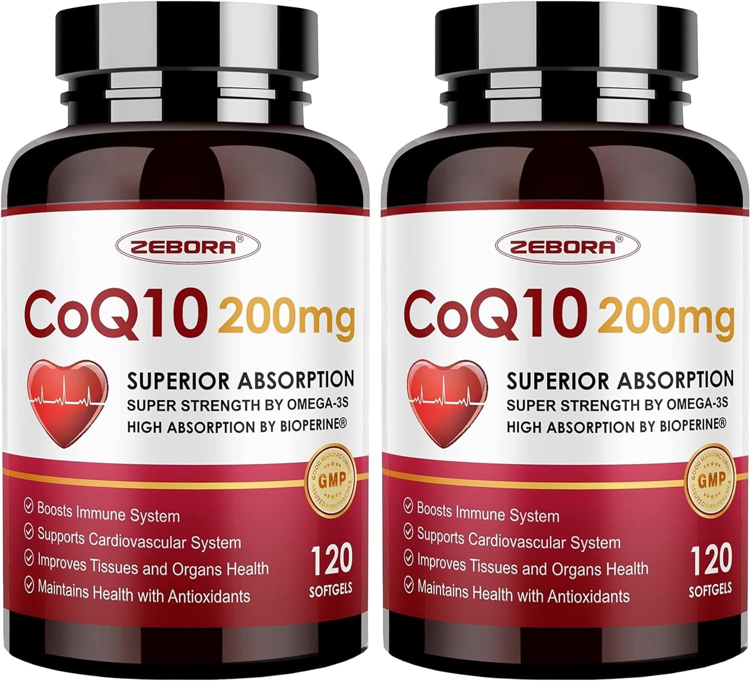 ZEBORA CoQ10-200mg-Softgels with PQQ, BioPerine & Omega-3, 120 Servings Coenzyme Q10(Ubiquinone) Supplement for High-Absorption, Powerful-Antioxidant, Support Heart & Energy-Production (Pack of 2)