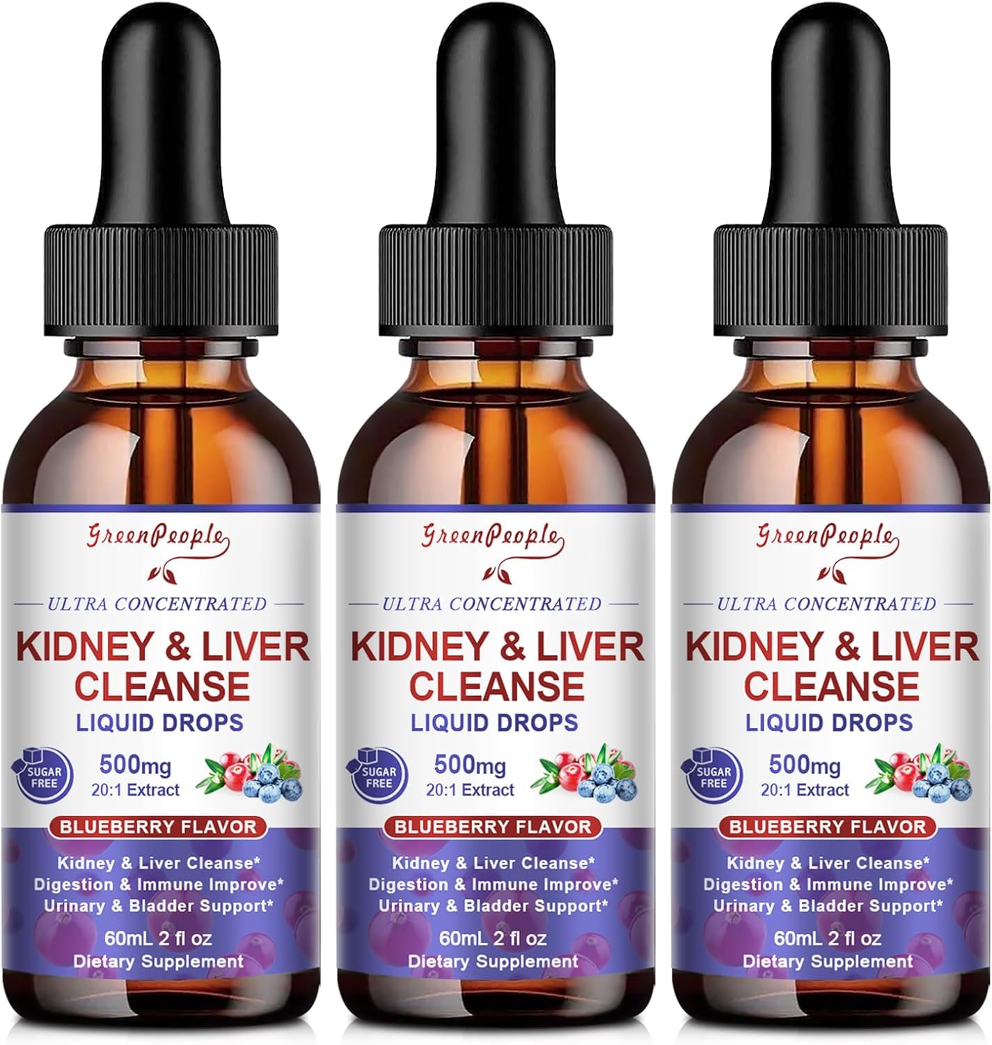 GREENPEOPLE Kidney Cleanse Detox & Repair - 27-In-1 Kidney & Liver Drops with 20:1 Cranberry Extract & Chanca Piedra, Alcohol-Free Supplement for Urinary Tract & Liver Support (2 Oz 3 Pack, Blueberry)
