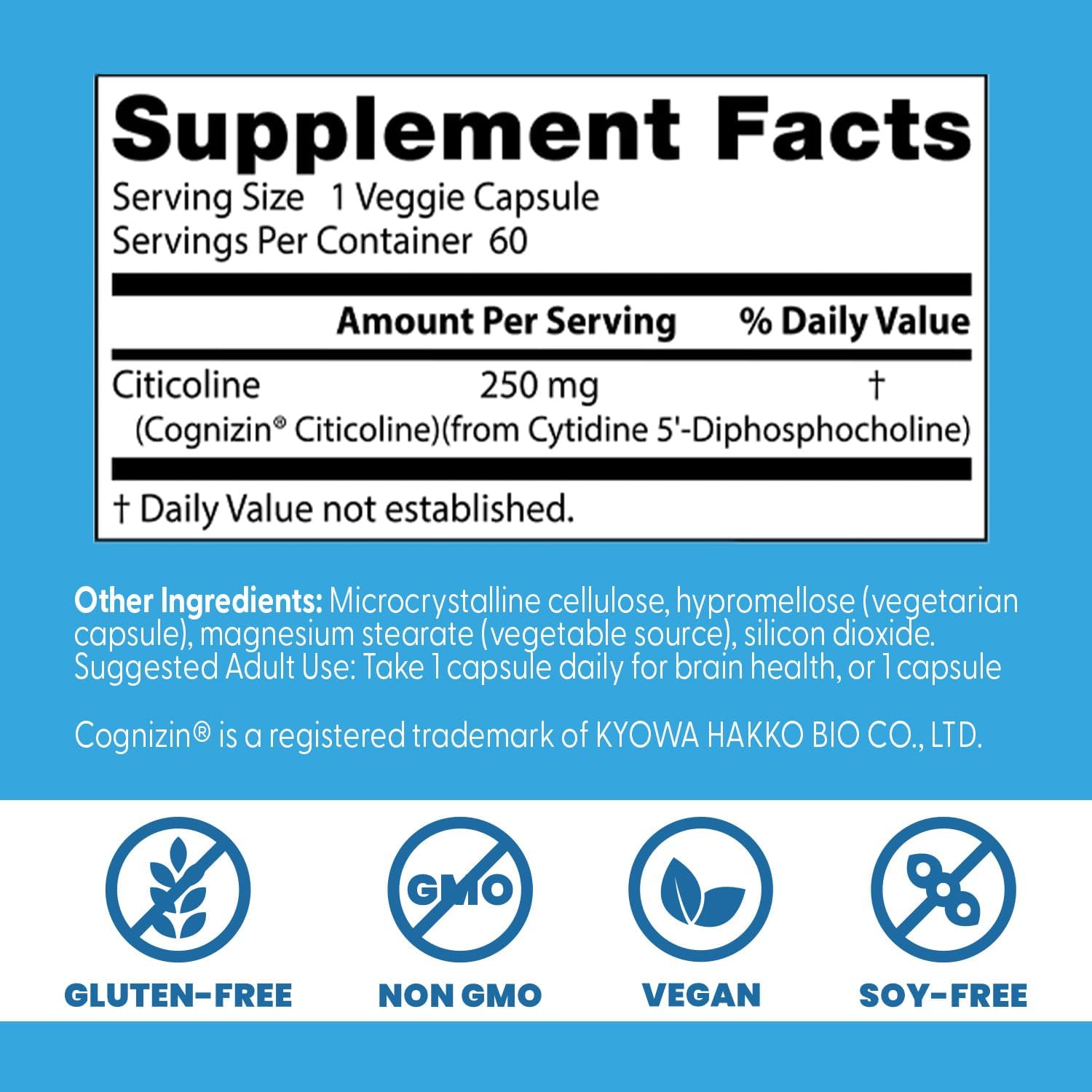 Doctor's Best Citicoline CDP-Choline, Supports Brain Health, Non-GMO, Gluten Free, Soy Free, Vegan 60 Veggie Caps