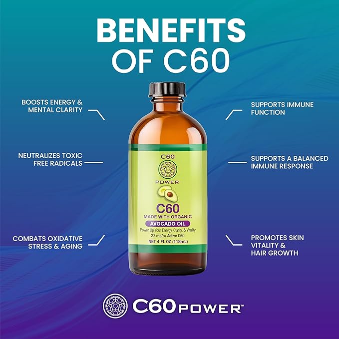 C60 Power C60 in Organic Avocado Oil - Natural Wellness Support for Men & Women, 99.99% Pure Carbon Fullerenes, Promotes Energy, Mental Clarity, & Stamina - 4 fl oz Bottle