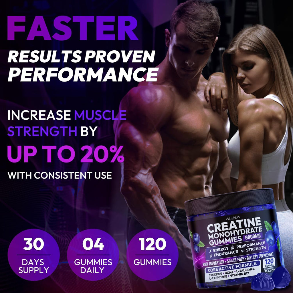 Creatine Gummies Monohydrate Complex for Men & Women, 9000MG Creatine Pre-Workout Supplement Enhance Muscle Strength Recovery Cognitive Health & Memory, 120 Gummies Sugar Free Vegan Non-GMO