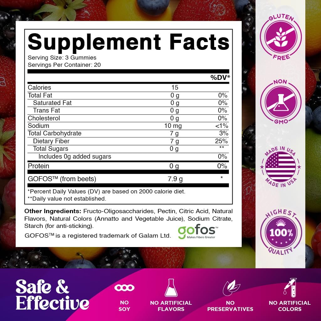 Vitamatic Prebiotic Fiber Gummies for Adults – 2 Pack (Total 120 Gummies) 7g Fiber per Serving | Extra Strength | Zero Sugar Added | Pectin-Based | Digestive Health & Regularity Support