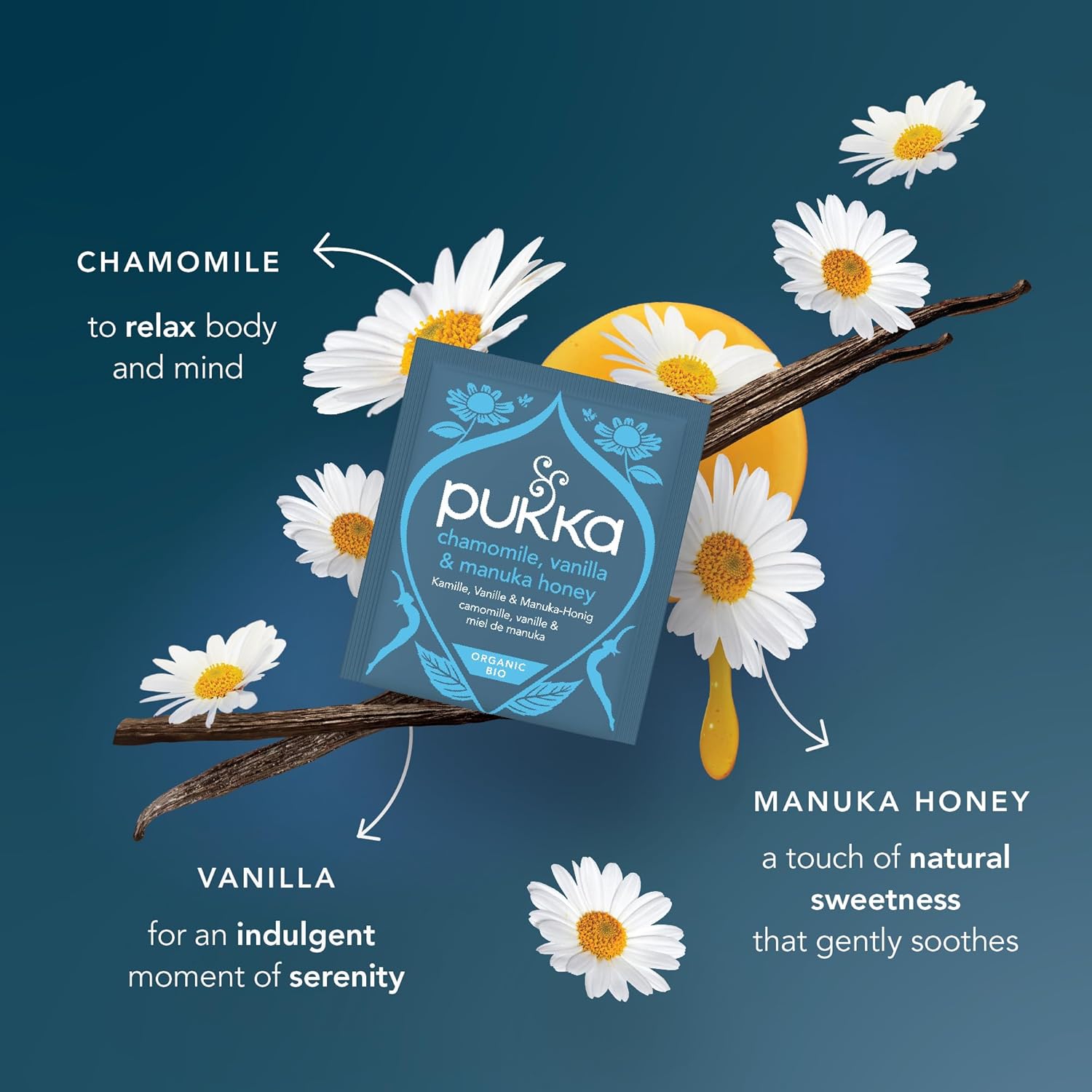 Pukka Calming Chamomile, Vanilla & Manuka Honey Organic Herbal Tea, Soothing Organic Tea Infusion Selection, Honey & Fennel Blend, Caffeine Free, 80 Total Bags (20ct - Pack of 4)