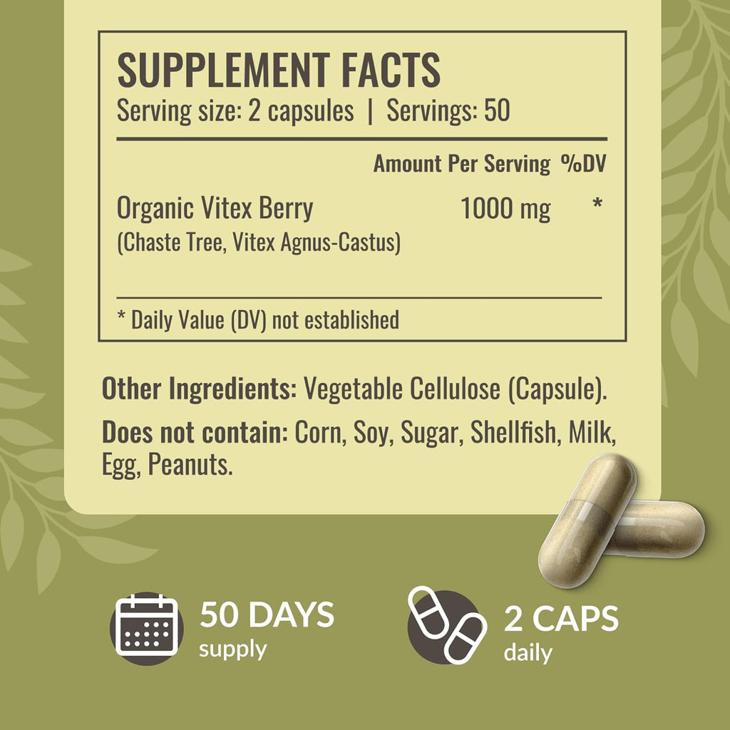 HERBAMAMA Vitex Fruit Capsules - 1000mg Chaste Tree Berry Powder for Women's Support - Vegan, Non-GMO Pure Vitex Chasteberry Supplement for Women, 100 Caps