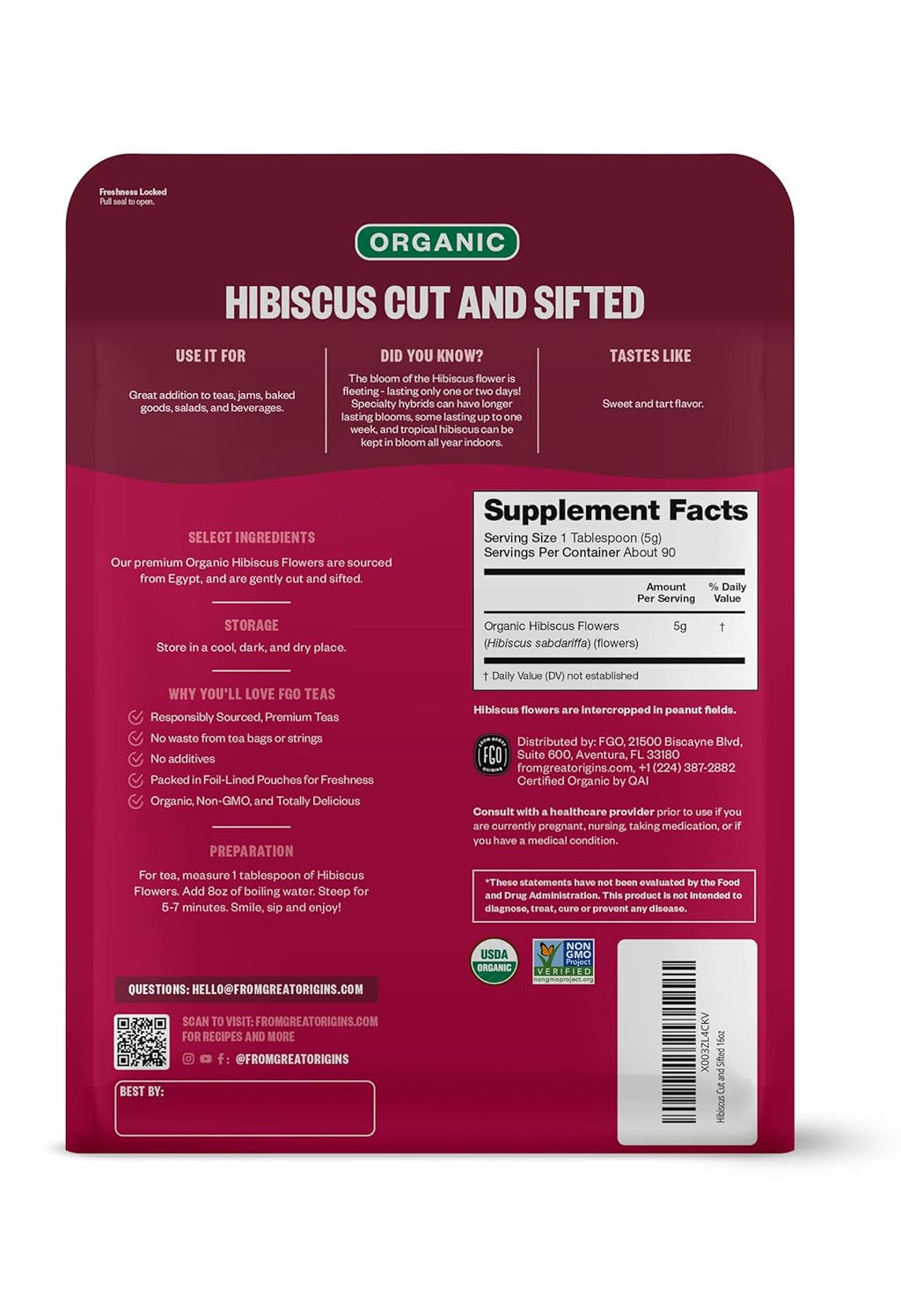 FGO Organic Hibiscus Flowers, Cut and Sifted, 16oz Bulk Resealable Bag, Packaging May Vary (Pack of 1)
