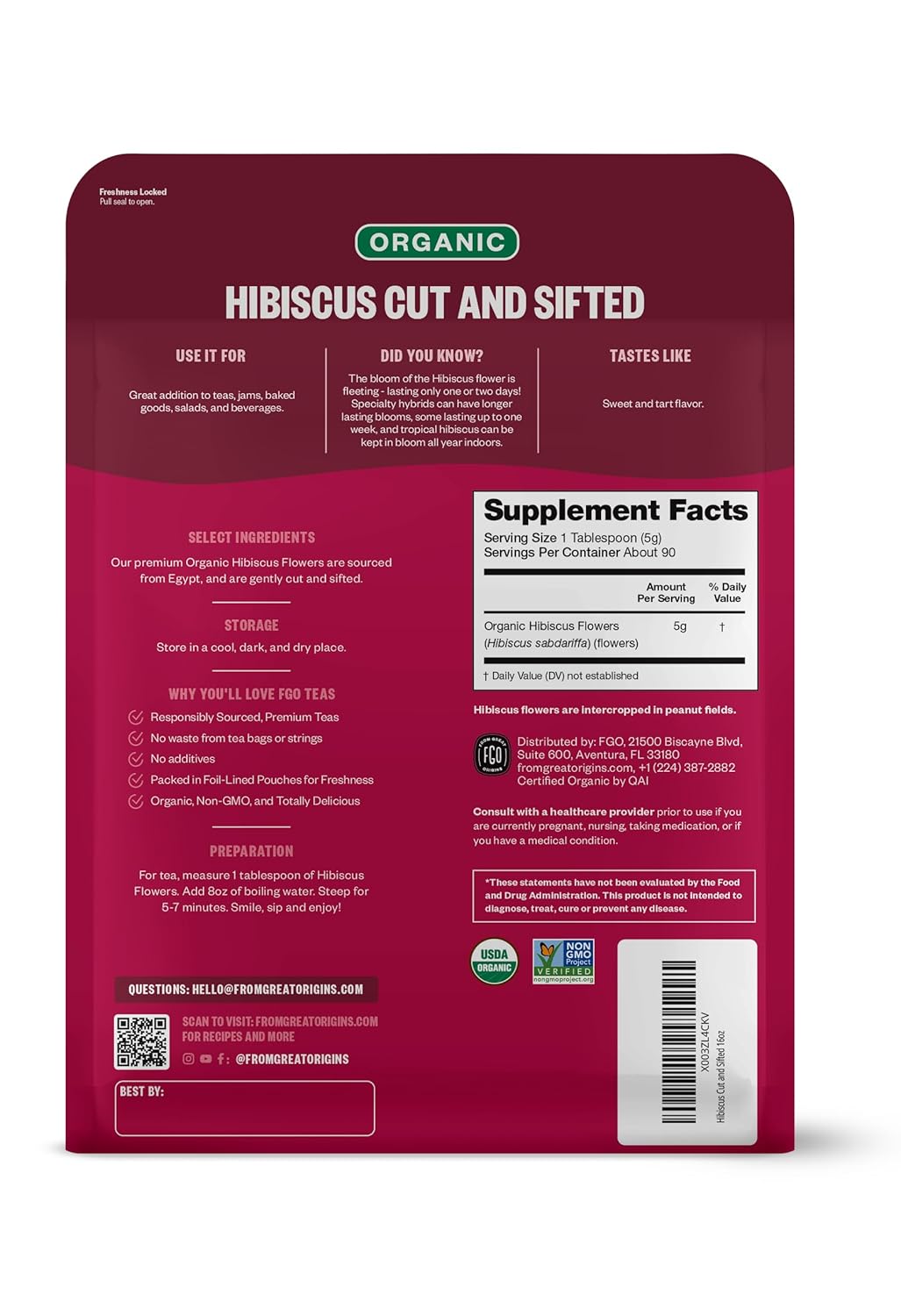 FGO Organic Hibiscus Flowers, Cut and Sifted, 16oz Bulk Resealable Bag, Packaging May Vary (Pack of 1)