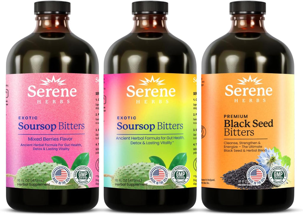 Serene Herbs Soursop Bitters Liquid, Mixed Berries & Black Seed Triple Bundle – Organic Herbal Guanabana for Digestive Support & Immune Health – Vegan, Non-GMO – 48 oz (16 oz Each), 3 Pack