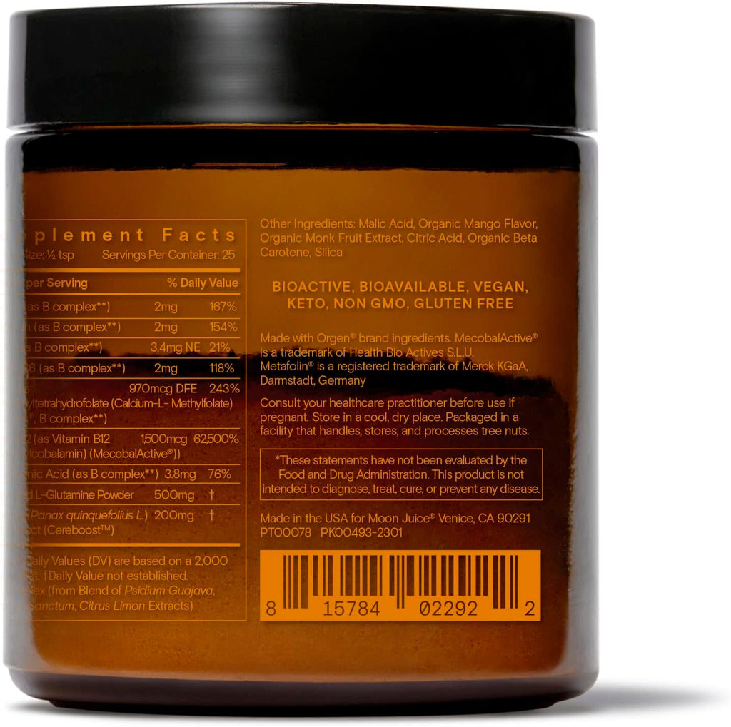 Moon Juice Ting - Vitamin B Complex Powder Supplement - Methylated B12, Folate, Ginseng, L-Glutamine & B Vitamins, Caffeine Free Energy & Digestion Support, Sugar Free, Mango, 1.7 oz, 25 Servings