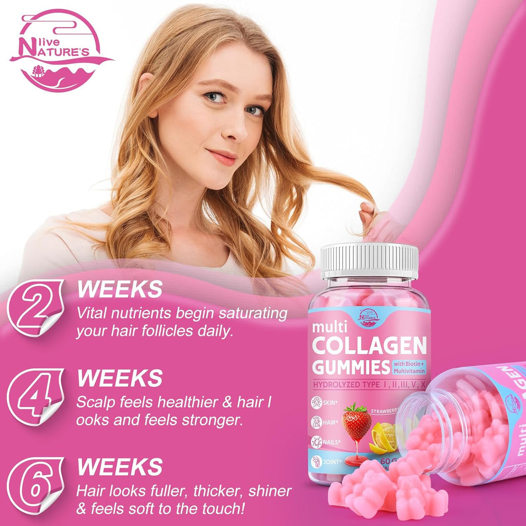 Multi Collagen Peptides Gummies, Type I, II, III, V, X - Hydrolyzed Collagen Peptides with Biotin, Hyaluronic Acid, Supports Healthy Skin, Strong Nails & Thick Hair, 60 Count, 2 Pack