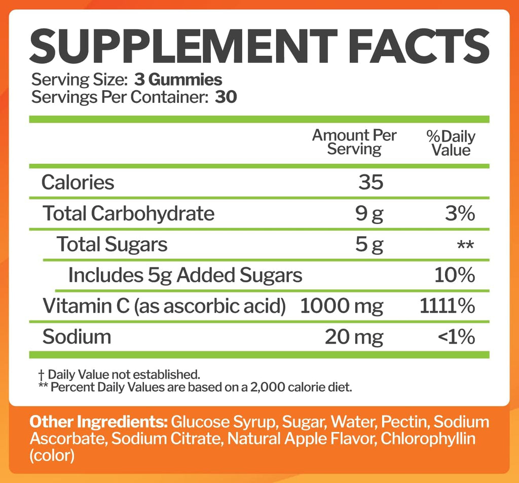 Vitamin C Gummies 1000mg for Adults & Kids - Maximum Strength Chewable Immune Support, Collagen Support - Sour Green Apple Flavor - Gluten Free, Non-GMO, Vegetarian - 90 Gummies (30 Servings)