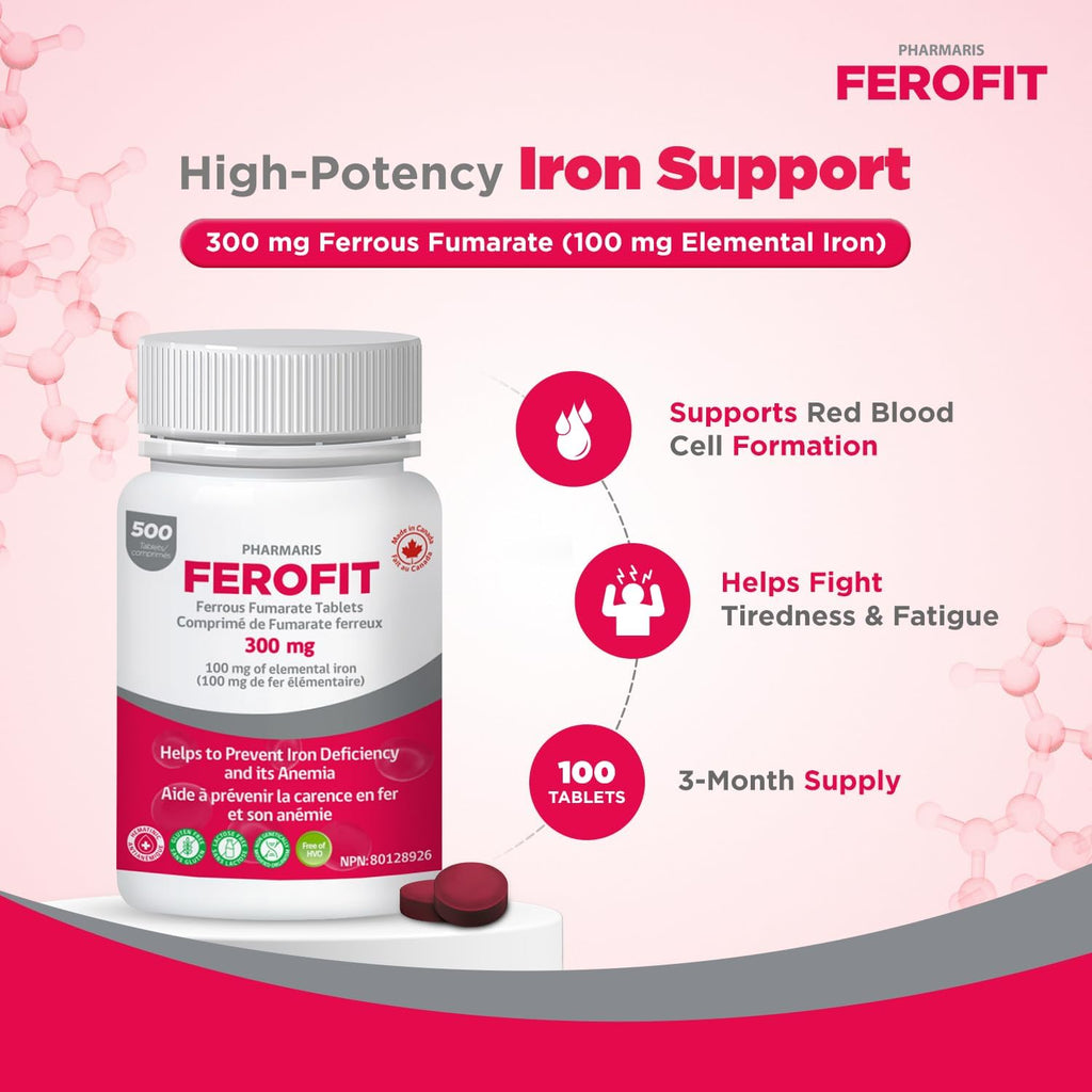 Ferofit – Ferrous Fumarate 300mg (100mg Elemental Iron), 500 Tablets, Cost-Effective Iron Supplement, Prevent Iron Deficiency Anemia, Iron Supplement for Women & Men
