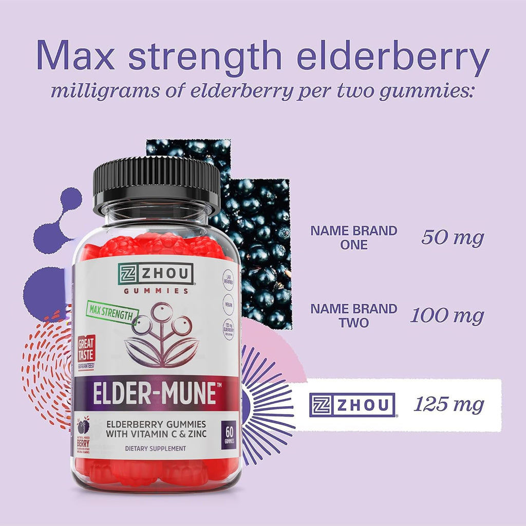 ZHOU Elder-Mune Elderberry Gummies - Black Elderberry Vitamin C, & Zinc, Daily Immune Support Supplement for Women & Men, Natural Chews for Adults & Children 4 & Up - 60 Gummies (3 Pack)