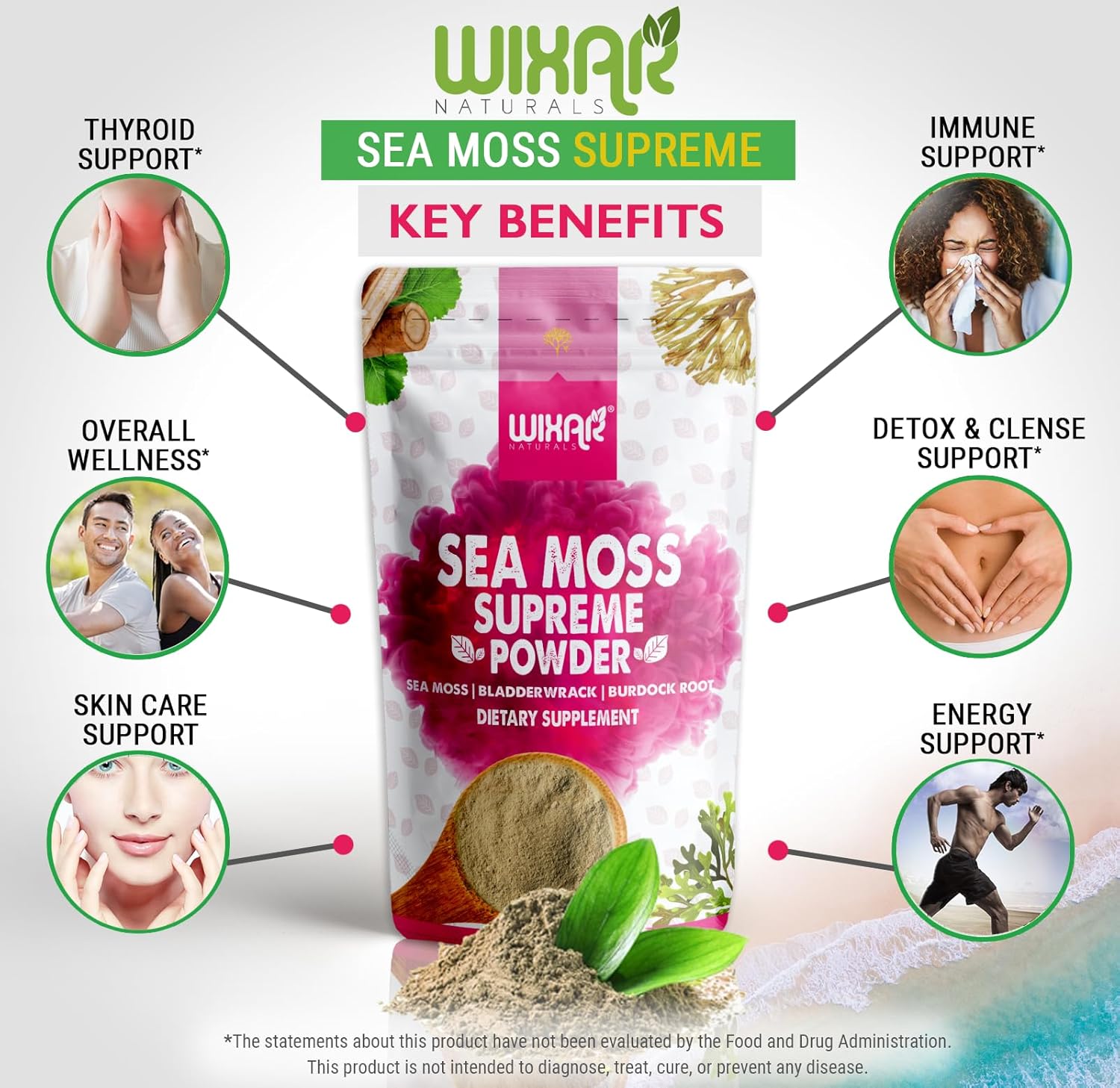 Wixar Wildcrafted Sea Moss Powder – (8 Ounces) – Natural Irish Sea Moss and Bladderwrack with Burdock Powder - Thyroid Support, Healthy Skin, Keto Detox, Joint Support Alkaline Supplements
