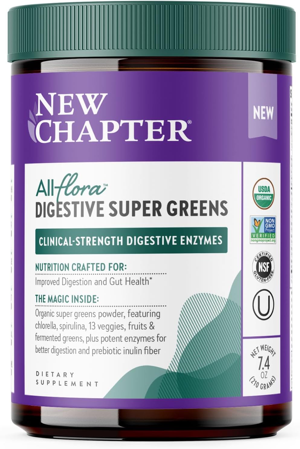 New Chapter All-Flora Digestive Super Greens Powder for Gut Health - Clinical-Strength Digestive Enzymes + USDA Organic Chlorella, Spirulina, Fermented Greens – Delicious & 100% Vegan, 30 Servings