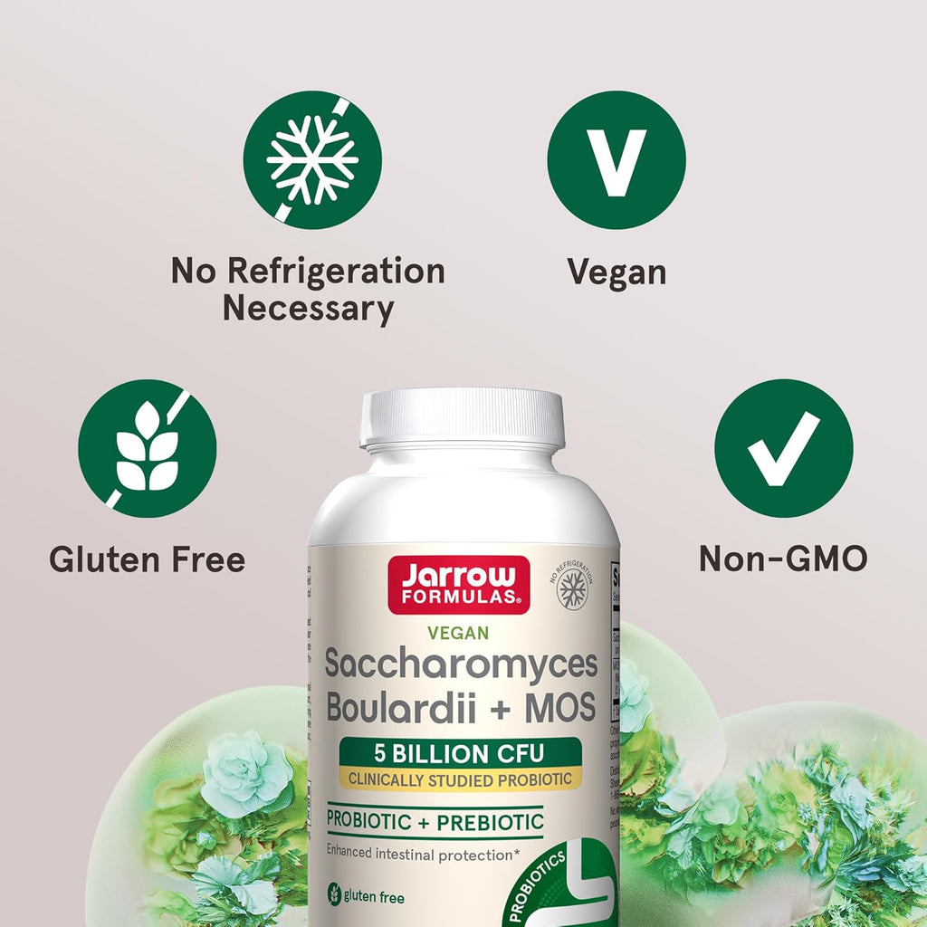 Jarrow Formulas Saccharomyces Boulardii Probiotics + MOS 5 Billion CFU Probiotic Yeast for Intestinal Health Support, Gut Health Supplements for Women and Men, 90 Veggie Capsules, 90 Day Supply