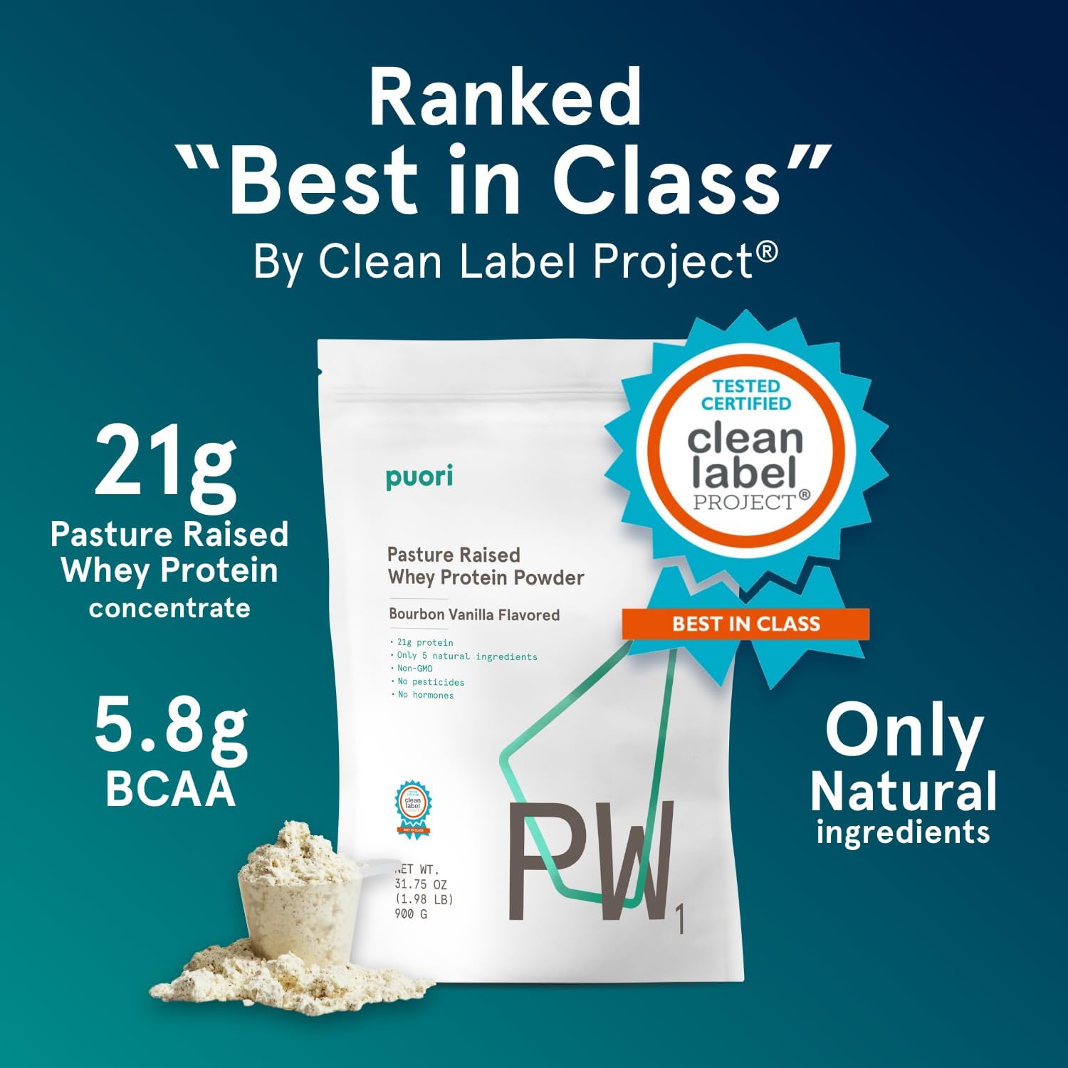 Puori Whey Protein Powder - Bourbon Vanilla - PW1 Pasture Raised, Grass-Fed & Non-GMO - 100% Natural and Pure for Muscle Growth - 21g Protein 1.98lbs, Pack of 2 - Gluten-Free