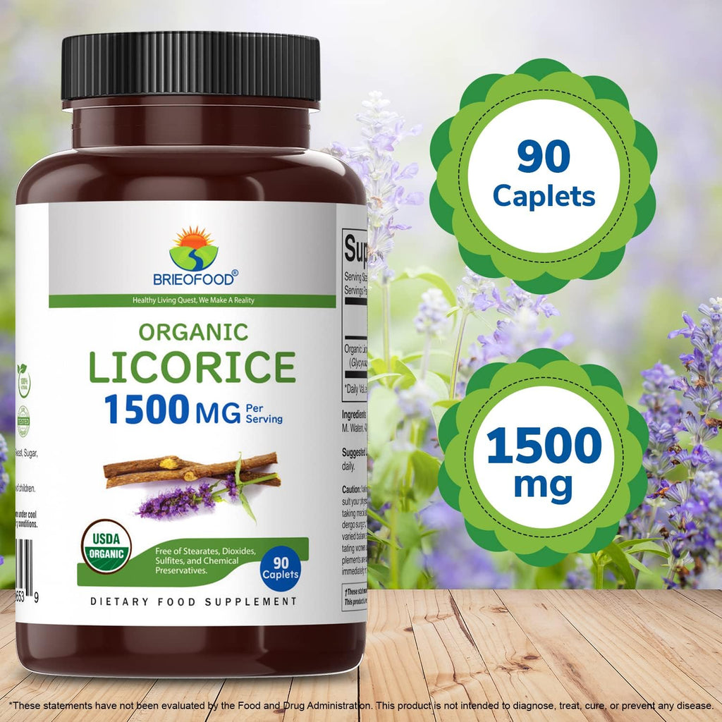 Brieofood Organic Licorice 1500mg, 45 Servings, Vegetarian, Gluten Free, 90 Vegetarian Tablets