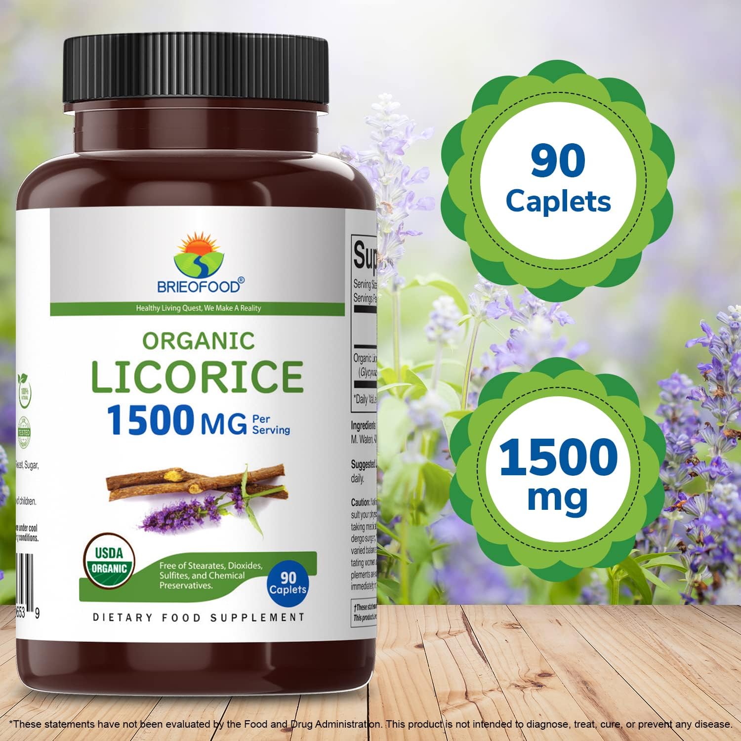 Brieofood Organic Licorice 1500mg, 45 Servings, Vegetarian, Gluten Free, 90 Vegetarian Tablets