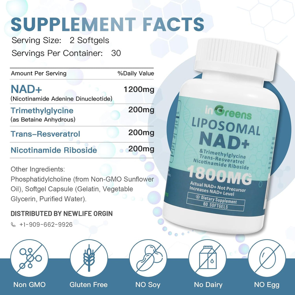 Liposomal NAD+ Supplement 1800 mg with Nicotinamide Riboside, Trans Resveratrol, Trimethylglycine，Replaces NMN, Boost NAD+, Aging Defense，Cellular Energy, 120 Softgels