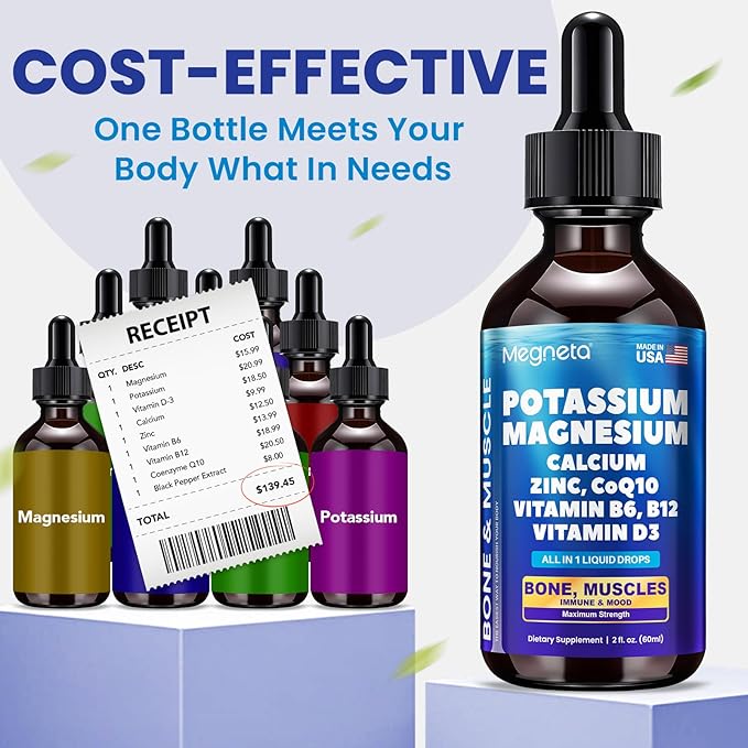 Potassium Magnesium Calcium Zinc Liquid Complex – Chelated Minerals with D3, B6, B12 & CoQ10 for Superior Absorption, Heart, Bone, Muscle, Sleep & Anti-Aging Support, 2 Fl Oz(60ml)