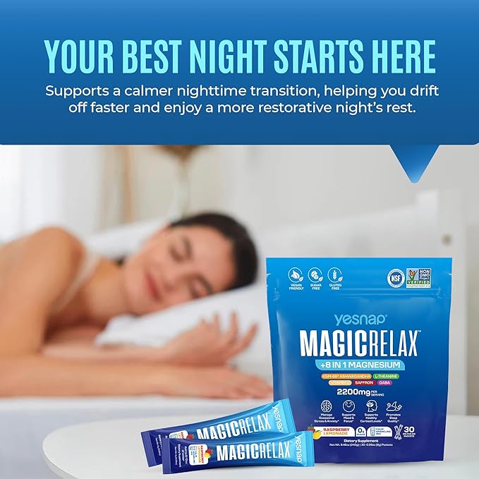 MAGICRELAX Calming Sparking Mix 8-in-1 Magnesium KSM-66 Ashwagandha Saffron Vitamin D3 GABA L-Theanine Supports Healthy Cortisol Levels,Mood and Sleep No Sugar Non GMO Raspberry Lemonade Flavor