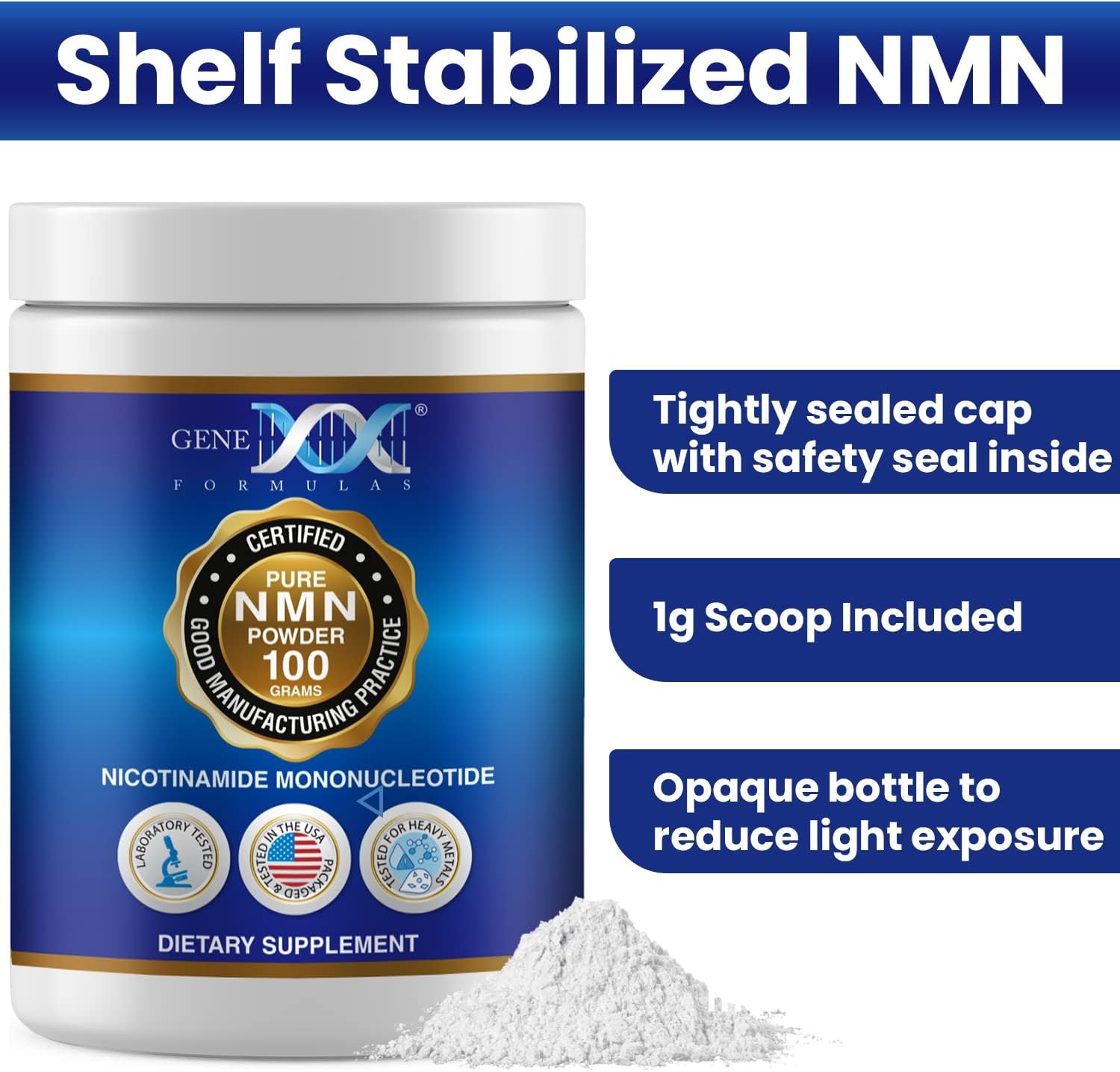 Genex Formulas Pure NMN Powder 100 Grams Bulk Supplement - Stabilized Form 99% Pure Powder for Increased NAD+ Levels, DNA Repair, & Healthy Aging - Non-GMO, GMP-Certified (100 Scoops)