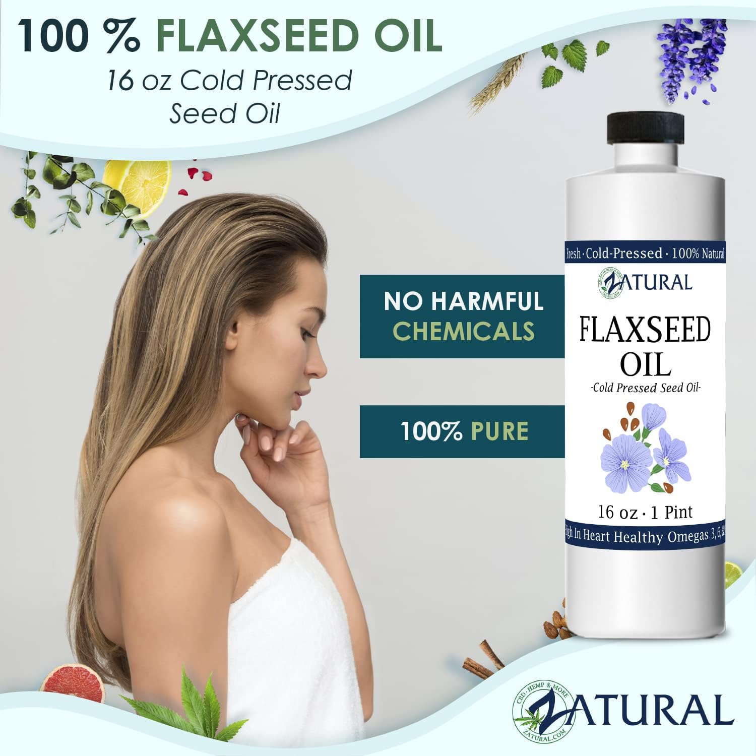 Zatural Flaxseed Oil Organically Grown 100% Pure Flax Seeds Cold Pressed Vegan Omega Fatty Acids 16oz