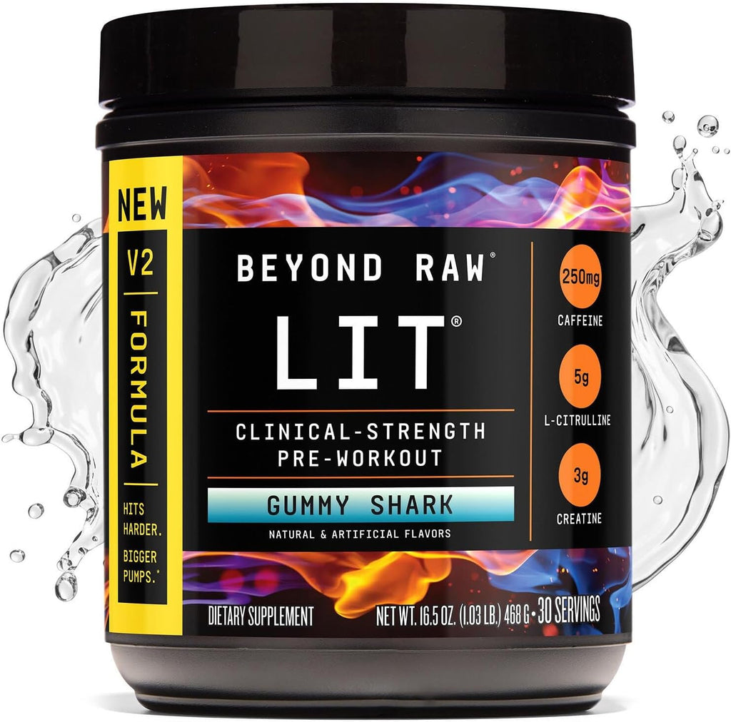 BEYOND RAW LIT V2 Clinical Strength Pre Workout Powder, Hits Harder, Bigger Pumps, Caffeine, L-Citrulline, Creatine, Gummy Shark, 30 Servings