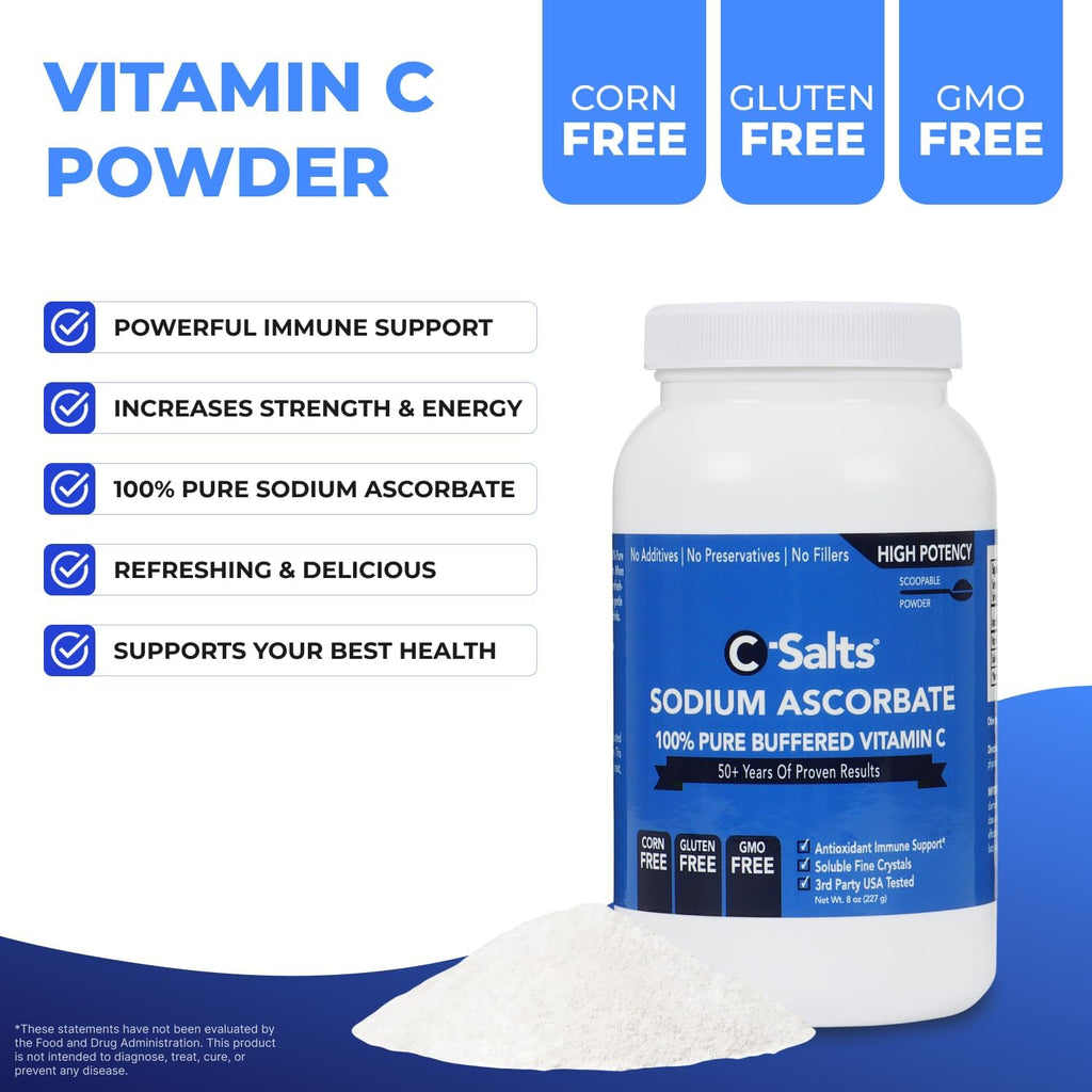 C-Salts Pure Sodium Ascorbate Vitamin C Powder - Non-Acidic Sugar-Free Buffered Powdered Drink for Hydration & Immune Support - Antioxidant for Overall Wellness - Perfect for Drinks or Recipes - 8 oz