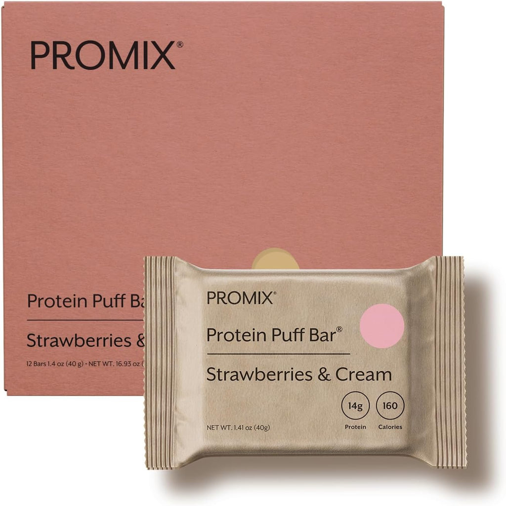ProMix Nutrition Whey Protein Isolate Puff Bar, Low Carb Healthy Snack with Egg Whites - Grass Fed,Gluten Free, Low Sugar, Soy Free (Strawberries & Cream) - 12 Bars