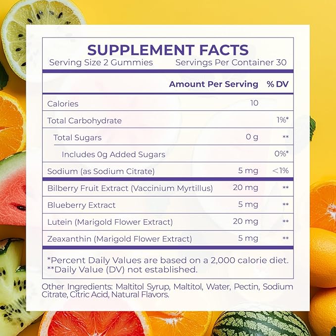 Lutein & Zeaxanthin Eye Vitamins Gummies for Daily Eye Health – 20mg Lutein, Sugar-Free, High-Potency Gummy with Bilberry Extract, Blue Light Support, Star-Shaped Gummies, 60 Count