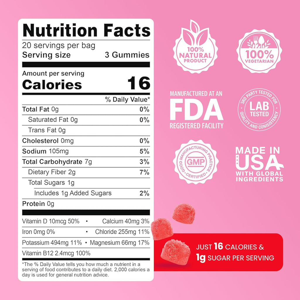 Day One ElectroGummies – Electrolyte Hydration Gummies – Ideal to Boost Hydration & Energy – Running, Workout – Sour Watermelon Flavored – 60 Gummies