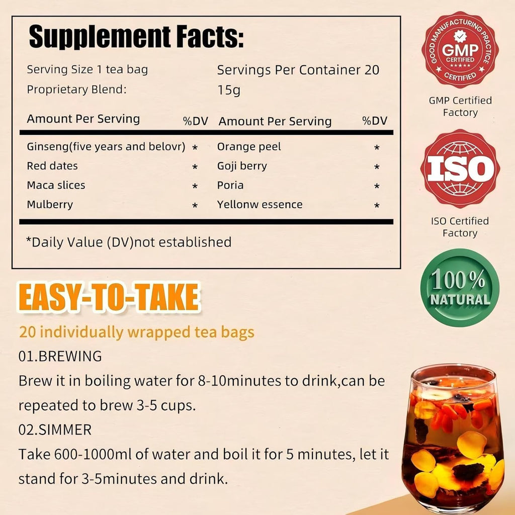 Gerduck Ginseng Six Treasure Tea for Men & Women,Kidney Tea Formula Ginseng Eight Treasure Teas Blend Wolfberry,Mulberry,Chinese Herbal Kindey Teabags,100% Natural,(300g/Bag)
