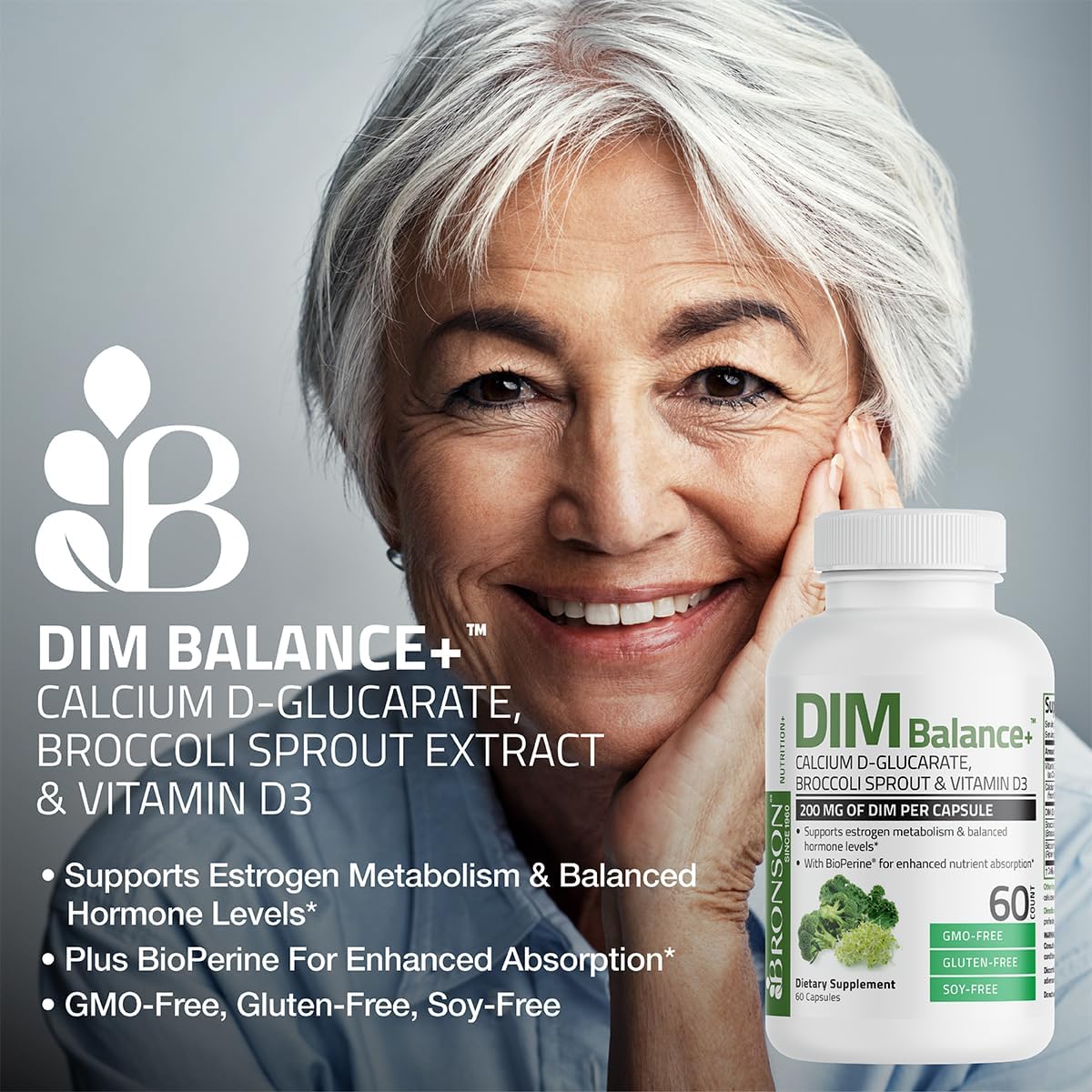 Bronson DIM Balance+ Calcium D-Glucarate, Broccoli Sprouts and Vitamin D3 200 MG of DIM per Capsule Supports Estrogen Metabolism and Balanced Hormone Levels Non-GMO, 60 Vegetarian Capsules